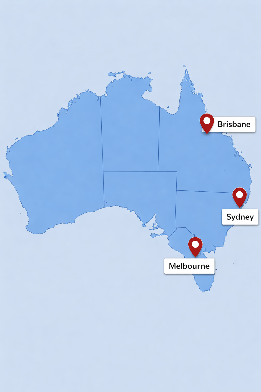 Map of Australia with pinned office locations