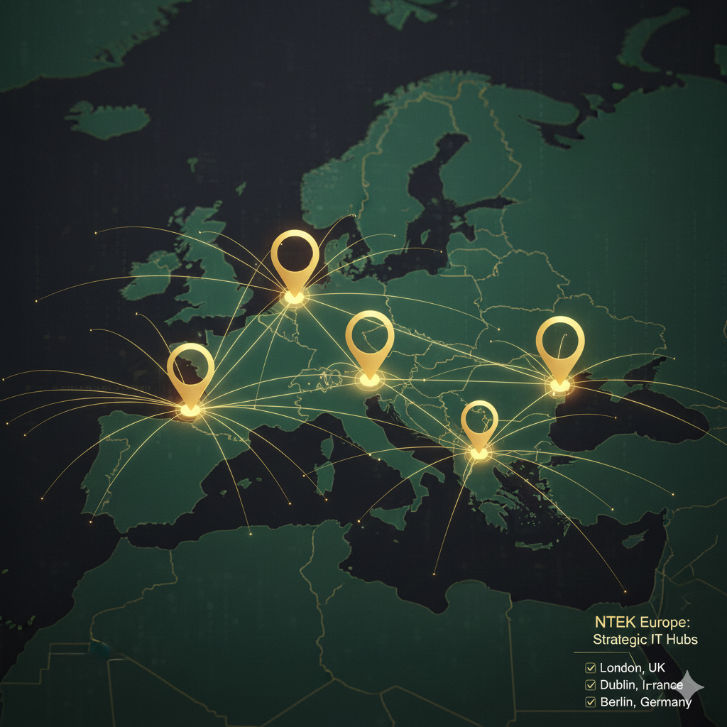 Map of Europe with pinned office locations